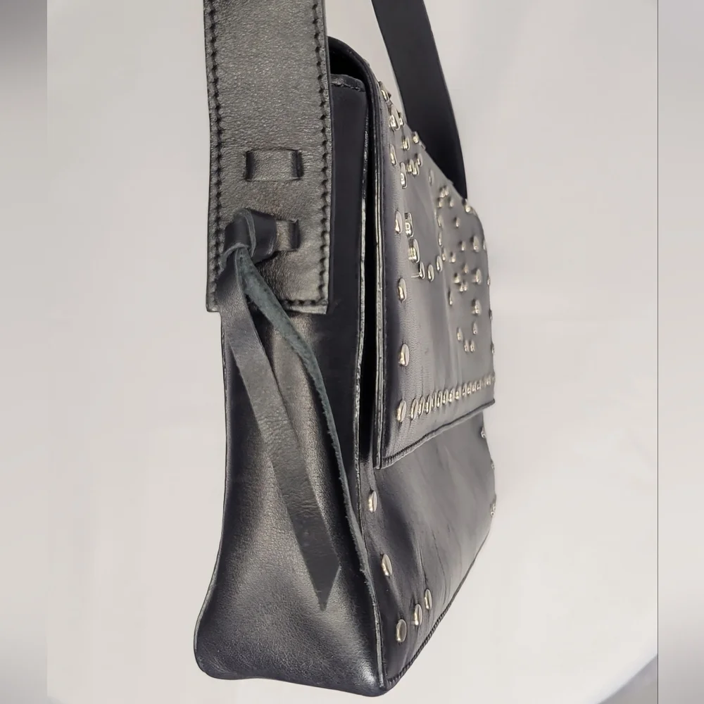 BCBG Max Azria Studded Leather Shoulder Bag Black Studded Flap Purse Y2K Style - Picture 10 of 11